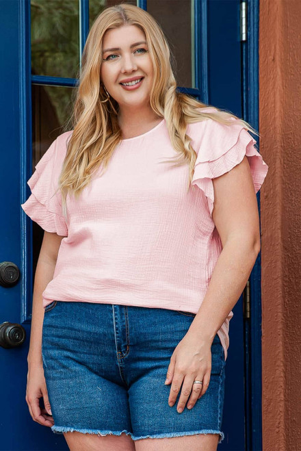 Light Pink Plus Size Crinkle Textured Ruffle Sleeve Top Light Pink Plus Size Crinkle Textured Ruffle Sleeve Top