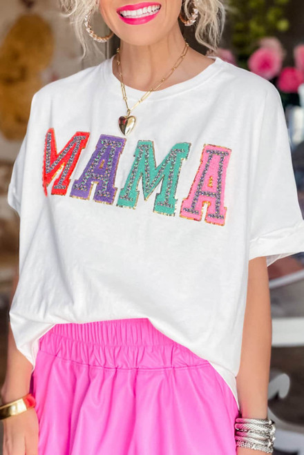 White MAMA Chenille Patched Crew Neck T Shirt