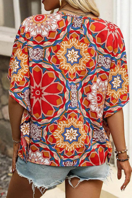Red Floral Print Batwing Sleeve V Neck Blouse Red Floral Print Batwing Sleeve V Neck Blouse