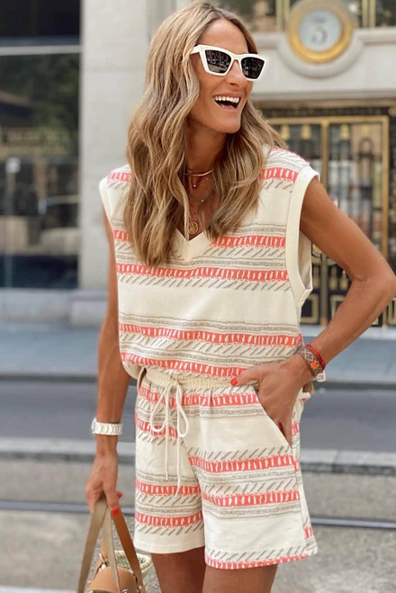 Beige Western Striped Print Casual Tank 2pcs Outfit Beige Western Striped Print Casual Tank 2pcs Outfit