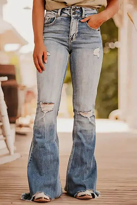 Dusk Blue Vintage Light Wash Ripped Raw Edge Flare Jeans Dusk Blue Vintage Light Wash Ripped Raw Edge Flare Jeans