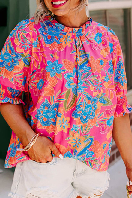 Rose Plus Floral Print Frilly Neck Puff Sleeve Blouse Rose Plus Floral Print Frilly Neck Puff Sleeve Blouse