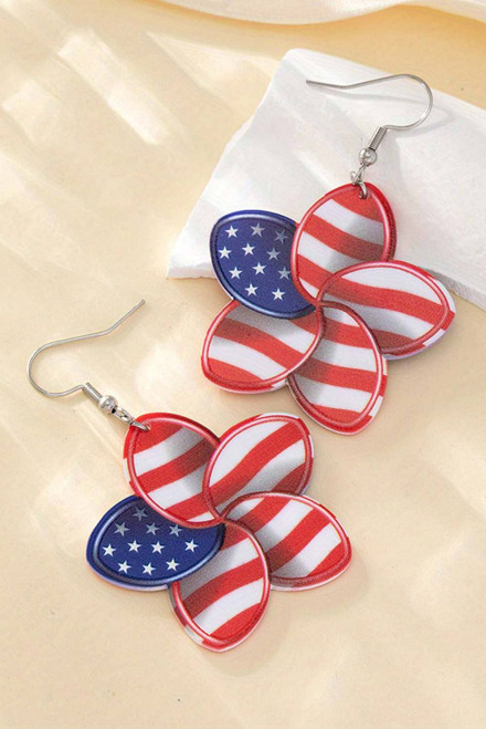Fiery Red American Flag Printed Flower Shape Hook Earrings Fiery Red American Flag Printed Flower Shape Hook Earrings