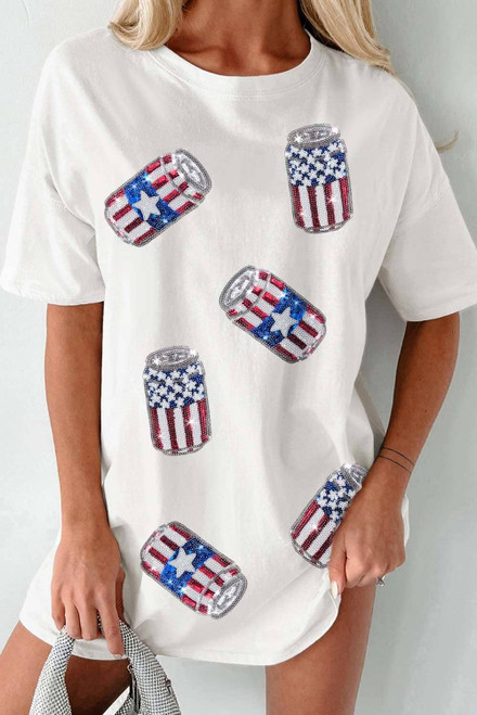 White Sequin American Flag Can Oversized Graphic Tee White Sequin American Flag Can Oversized Graphic Tee