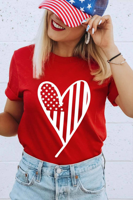 Red USA Flag Heart Shape Crewneck Graphic T Shirt Red USA Flag Heart Shape Crewneck Graphic T Shirt