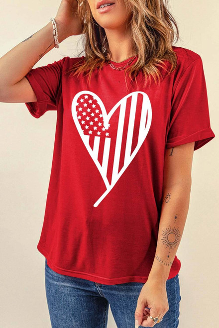 Red USA Flag Heart Shape Crewneck Graphic T Shirt Red USA Flag Heart Shape Crewneck Graphic T Shirt