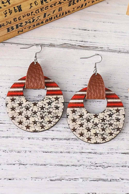 White Flag Print Round Wooden Dangle Earrings White Flag Print Round Wooden Dangle Earrings