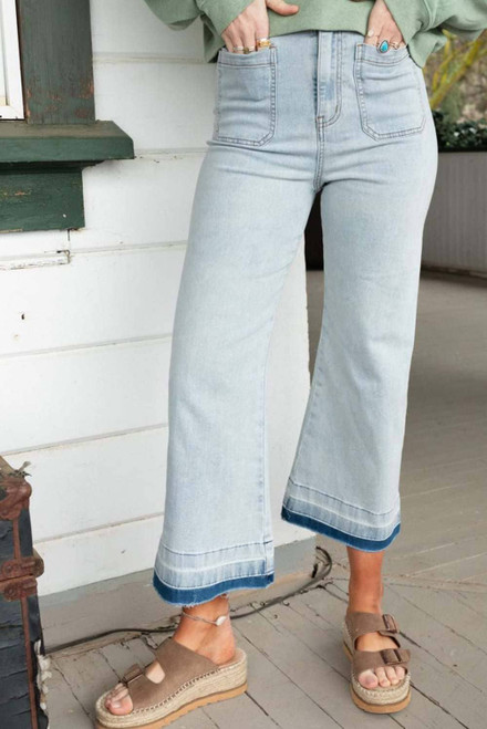 Beau Blue Acid Wash Contrast Edge Pocketed Cropped Jeans