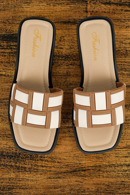 Beige Two Tone Contrast PU Leather Square Toe Slippers