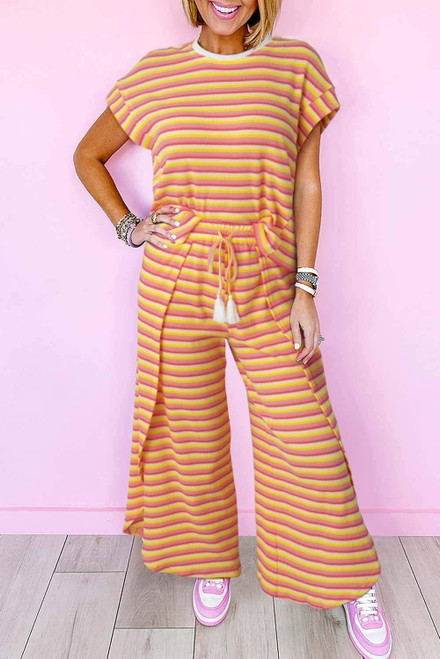 Yellow Stripe Rainbow Tee Tasseled String Wide Leg Pants Set