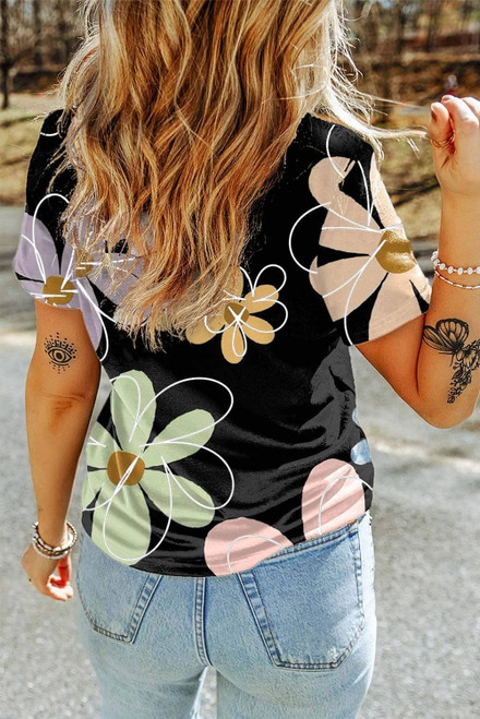 Black Summer Flower Print Casual Round Neck T Shirt Black Summer Flower Print Casual Round Neck T Shirt