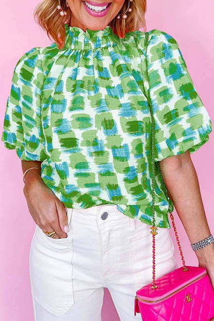 Green Abstract Print Button Back Ruffled High Neck Blouse Green Abstract Print Button Back Ruffled High Neck Blouse