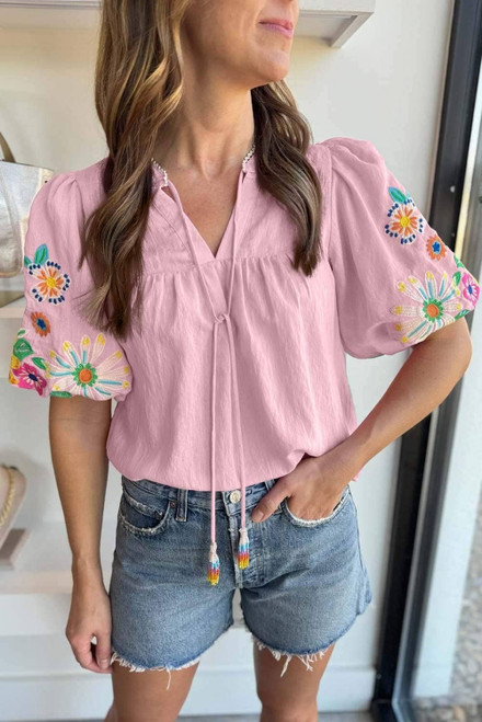 Pink Floral Embroidered Puff Sleeve Split Neck Blouse Pink Floral Embroidered Puff Sleeve Split Neck Blouse