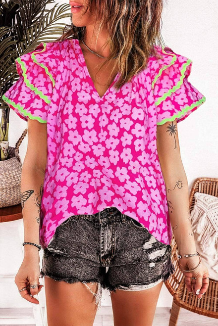 Pink Floral Contrast Ric Rac Layered Ruffle Sleeve Blouse Pink Floral Contrast Ric Rac Layered Ruffle Sleeve Blouse