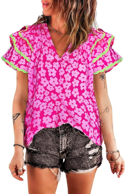 Pink Floral Contrast Ric Rac Layered Ruffle Sleeve Blouse Pink Floral Contrast Ric Rac Layered Ruffle Sleeve Blouse