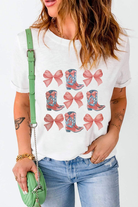 White Bowknot & Cowgirl Boots Graphic Tee