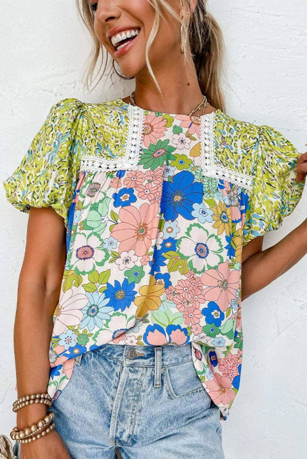 Green Bubble Sleeve Lace Trim Floral Mixed Print Blouse Green Bubble Sleeve Lace Trim Floral Mixed Print Blouse