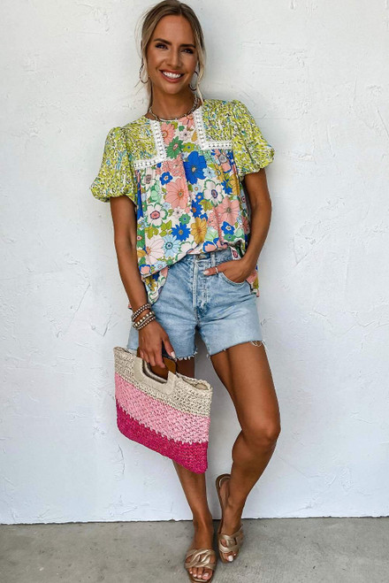 Green Bubble Sleeve Lace Trim Floral Mixed Print Blouse Green Bubble Sleeve Lace Trim Floral Mixed Print Blouse