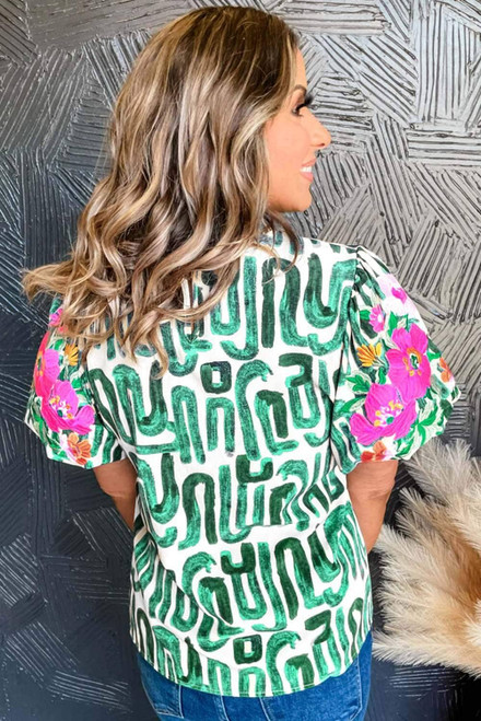 Blackish Green Embroidered Puff Sleeve Frilled Neck Printed Top Blackish Green Embroidered Puff Sleeve Frilled Neck Printed Top