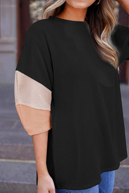 Carbon Grey Color Block Ribbed Knit Quarter Sleeve Top
