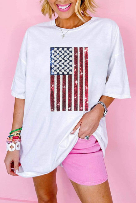 White Sequined American Flag Crewneck Oversized Tee White Sequined American Flag Crewneck Oversized Tee