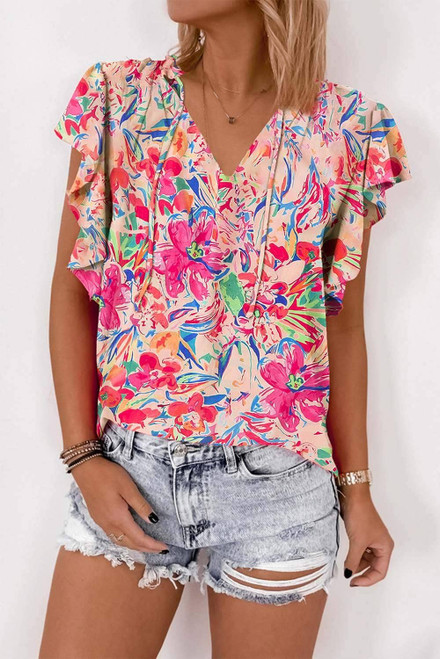 Multicolour Floral Ruffled Sleeve V Neck Summer Blouse Multicolour Floral Ruffled Sleeve V Neck Summer Blouse