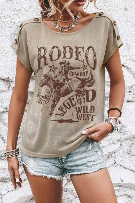 Smoke Gray RODEO Cowboy Graphic Buttoned Batwing Sleeve T Shirt Smoke Gray RODEO Cowboy Graphic Buttoned Batwing Sleeve T Shirt