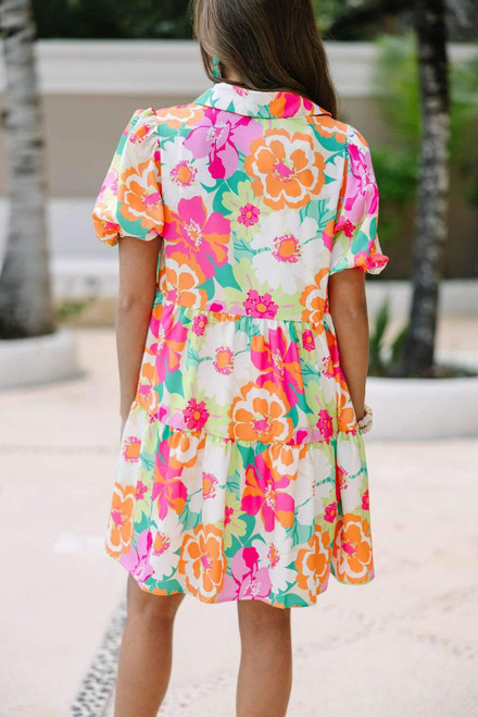 Pink Floral Puff Sleeve Collar Buttoned Babydoll Dress Pink Floral Puff Sleeve Collar Buttoned Babydoll Dress