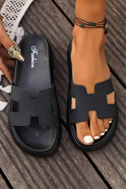 Black Cutout Design Open Toe Platform Slippers Black Cutout Design Open Toe Platform Slippers