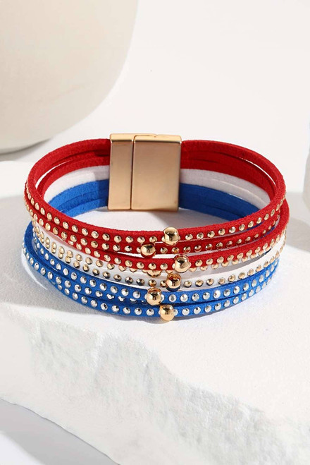 Sky Blue Flag Day Magnetic Buckle Studded Multi Layer Bracelet