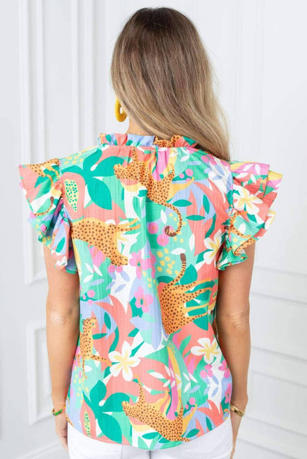 Green Frilly Ruffle Tie Split Neck Summer Floral Blouse Green Frilly Ruffle Tie Split Neck Summer Floral Blouse