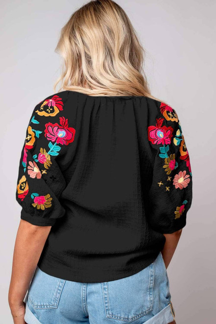 Black Floral Embroidered Ricrac Puff Sleeve Textured Blouse Black Floral Embroidered Ricrac Puff Sleeve Textured Blouse