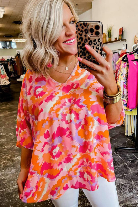 Rose Red Abstract Print V Neck Summer Blouse Rose Red Abstract Print V Neck Summer Blouse