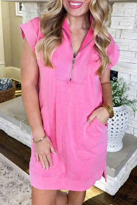 Bonbon Quarter Zip Pocketed Cap Sleeve Sweatshirt Dress
