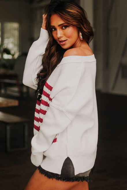 White American Flag Cable Knit Drop Shoulder Sweater White American Flag Cable Knit Drop Shoulder Sweater
