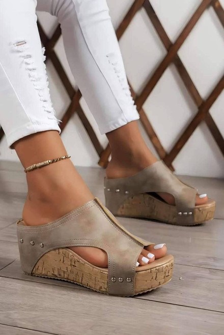 Gray Hollow Out Studded PU Leather Wedge Slippers Gray Hollow Out Studded PU Leather Wedge Slippers