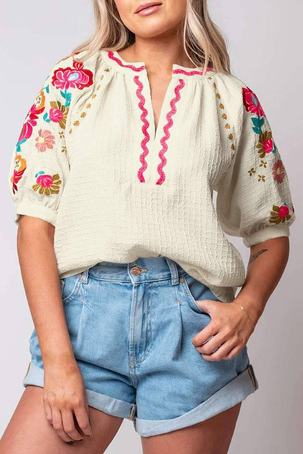 Beige Floral Embroidered Ricrac Puff Sleeve Textured Blouse Beige Floral Embroidered Ricrac Puff Sleeve Textured Blouse