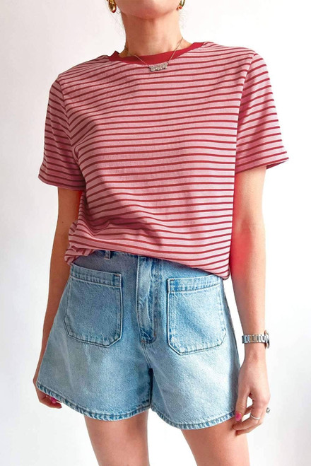 Pink Stripe Crew Neck Casual T Shirt Pink Stripe Crew Neck Casual T Shirt