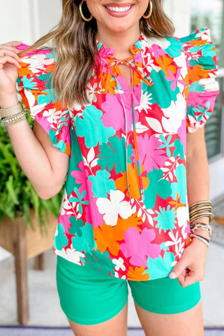 Green Floral Tie Split Neck Ruffle Trim Blouse Green Floral Tie Split Neck Ruffle Trim Blouse