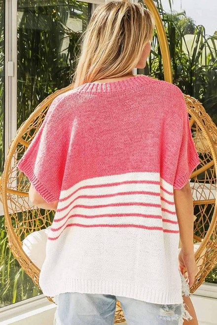Strawberry Pink Contrast Stripes V Neck Knitted Short Sleeve Top Strawberry Pink Contrast Stripes V Neck Knitted Short Sleeve Top
