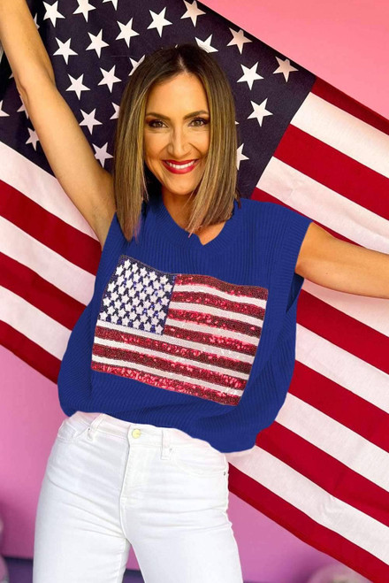 Bluing Sparkling American Flag Knitted Vest Bluing Sparkling American Flag Knitted Vest