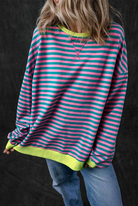 Green Stripe Oversized Contrast Trim Pullover Sweatshirt Green Stripe Oversized Contrast Trim Pullover Sweatshirt