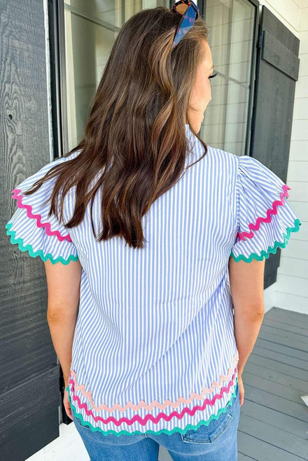 Sky Blue Stripe Ricrac Trim Split Neck Striped Ruffled Sleeve Blouse Sky Blue Stripe Ricrac Trim Split Neck Striped Ruffled Sleeve Blouse