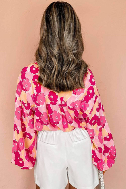 Pink Blooming Floral Print Puff Sleeve Buttoned Shirt Pink Blooming Floral Print Puff Sleeve Buttoned Shirt