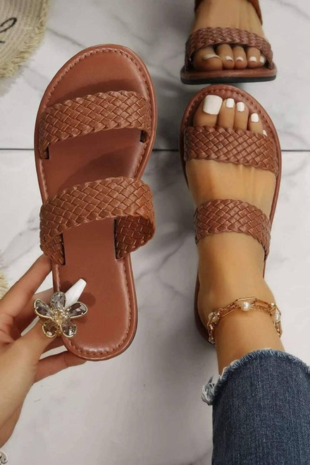Chestnut Braided Double Band Leathered Flat Slippers Chestnut Braided Double Band Leathered Flat Slippers