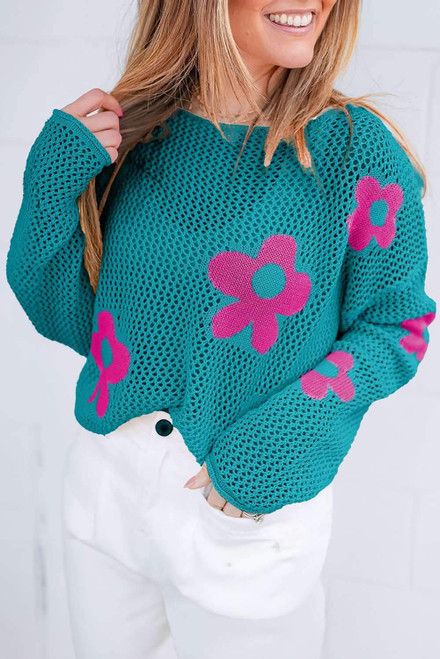 Sea Green Big Flower Hollowed Knit Drop Shoulder Sweater