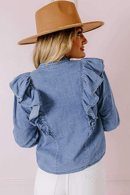Dusk Blue Denim Ruffled Casual Top