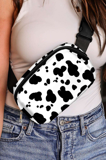 White Cow Pattern Print Buckle Wide Belt Inclined Shoulder Bag White Cow Pattern Print Buckle Wide Belt Inclined Shoulder Bag