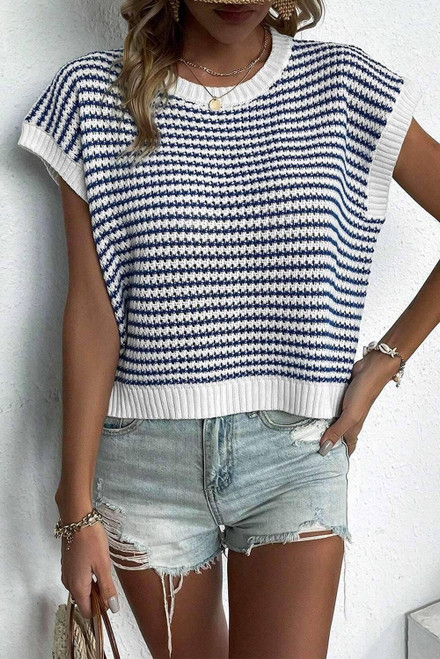 Blue Stripe Ribbed Trim Loose Fit Knitted Sweater Vest Blue Stripe Ribbed Trim Loose Fit Knitted Sweater Vest