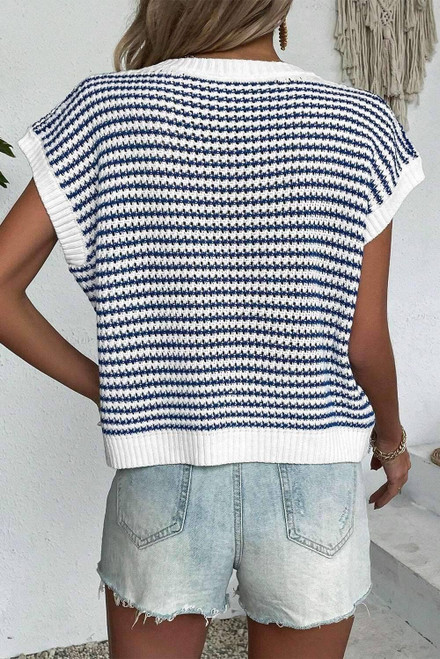 Blue Stripe Ribbed Trim Loose Fit Knitted Sweater Vest Blue Stripe Ribbed Trim Loose Fit Knitted Sweater Vest